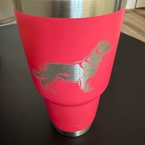 YETI Coral Tumbler with Silver Dog Graphic